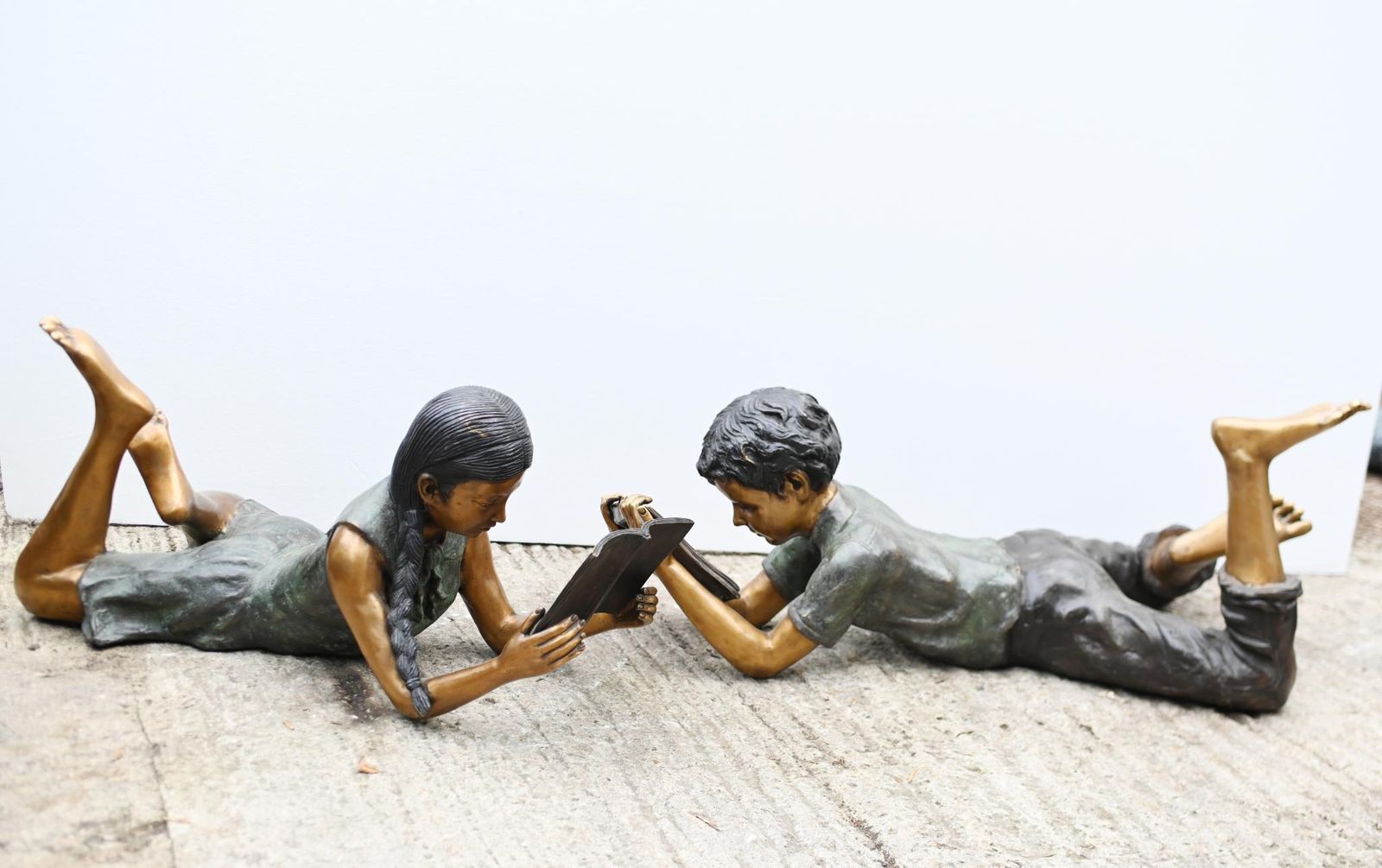 2850.0 Pair Lifesize Bronze Children Reading Boy Girl Statues Art photo