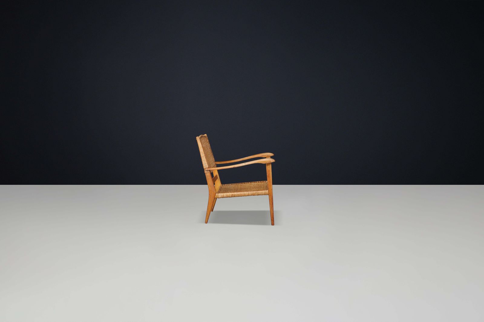 Mid Century Sculpted Armchair In Oak And Rattan, France, 1950s photo Furniture