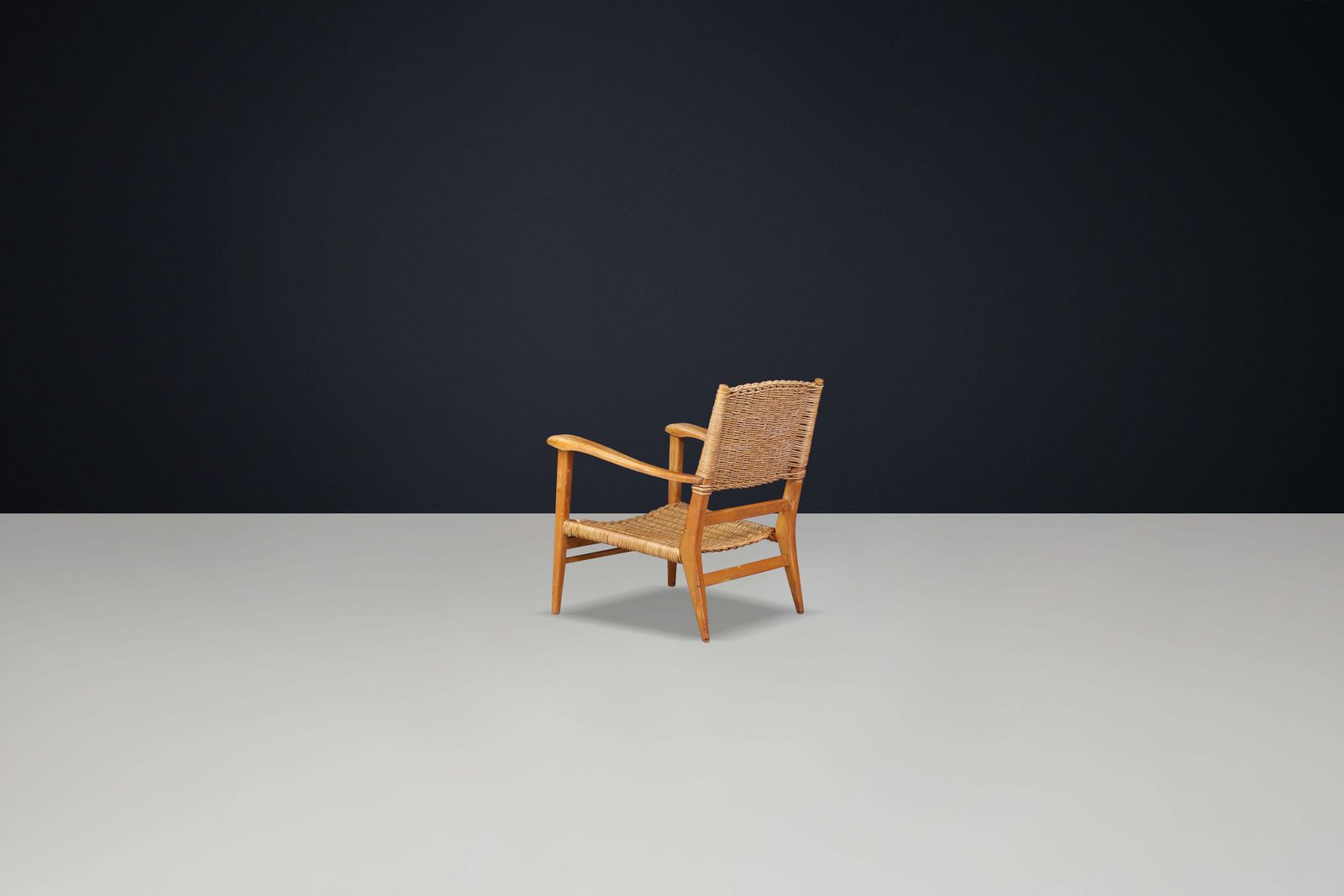 photo furniture Mid Century Sculpted Armchair In Oak And Rattan, France, 1950s