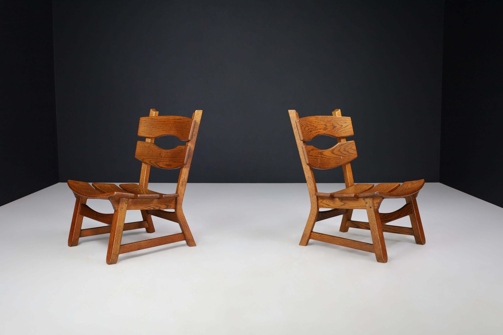Pair Of Sculptural Brutalist Oak Lounge Chairs, France, 1960s photo vintage