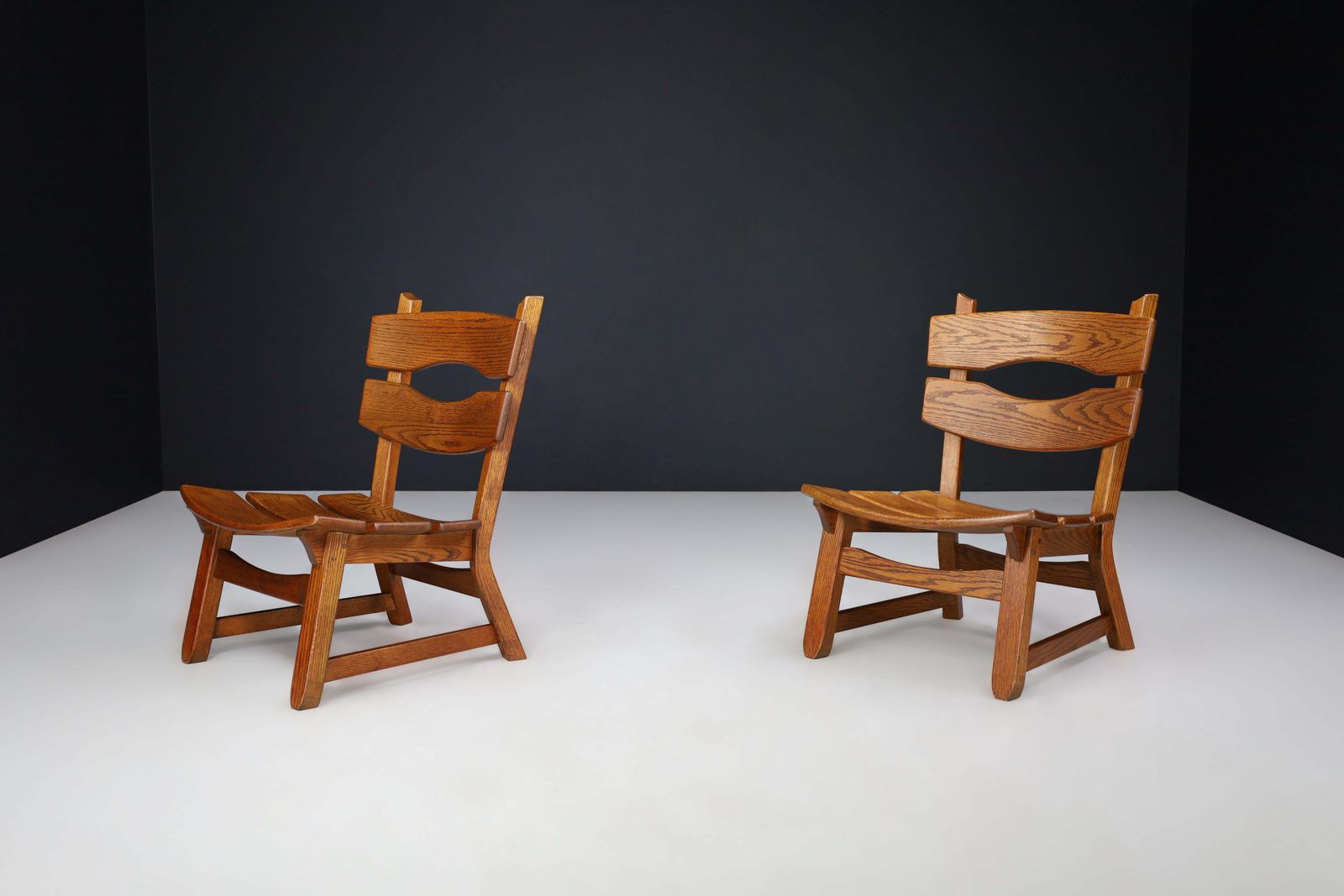 4023.0 Pair Of Sculptural Brutalist Oak Lounge Chairs, France, 1960s photo