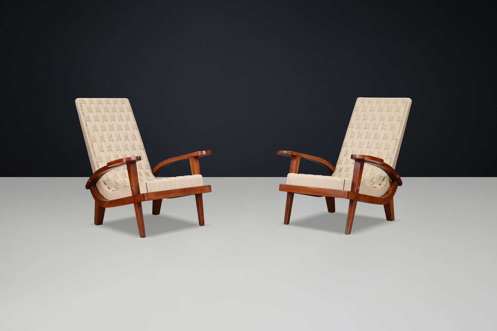 Pair Of Italian Mid Century Lounge Chairs With Webbing, Italy, 1940s photo furniture