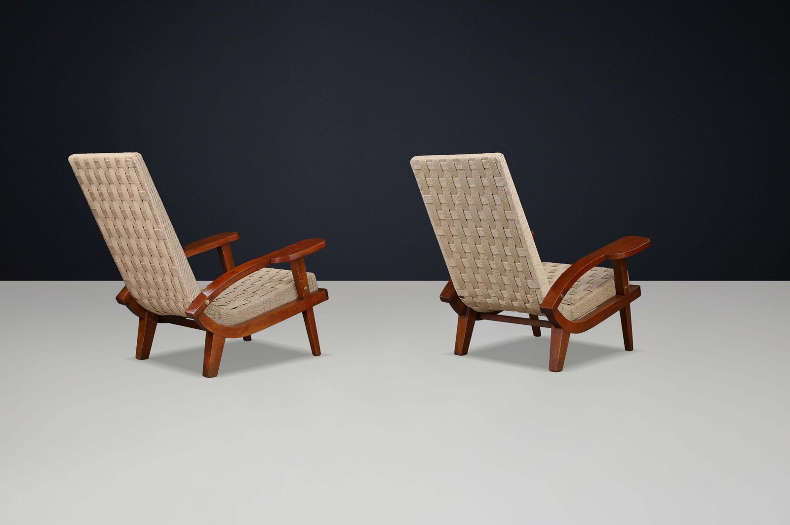 Pair Of Italian Mid Century Lounge Chairs With Webbing, Italy, 1940s photo vintage