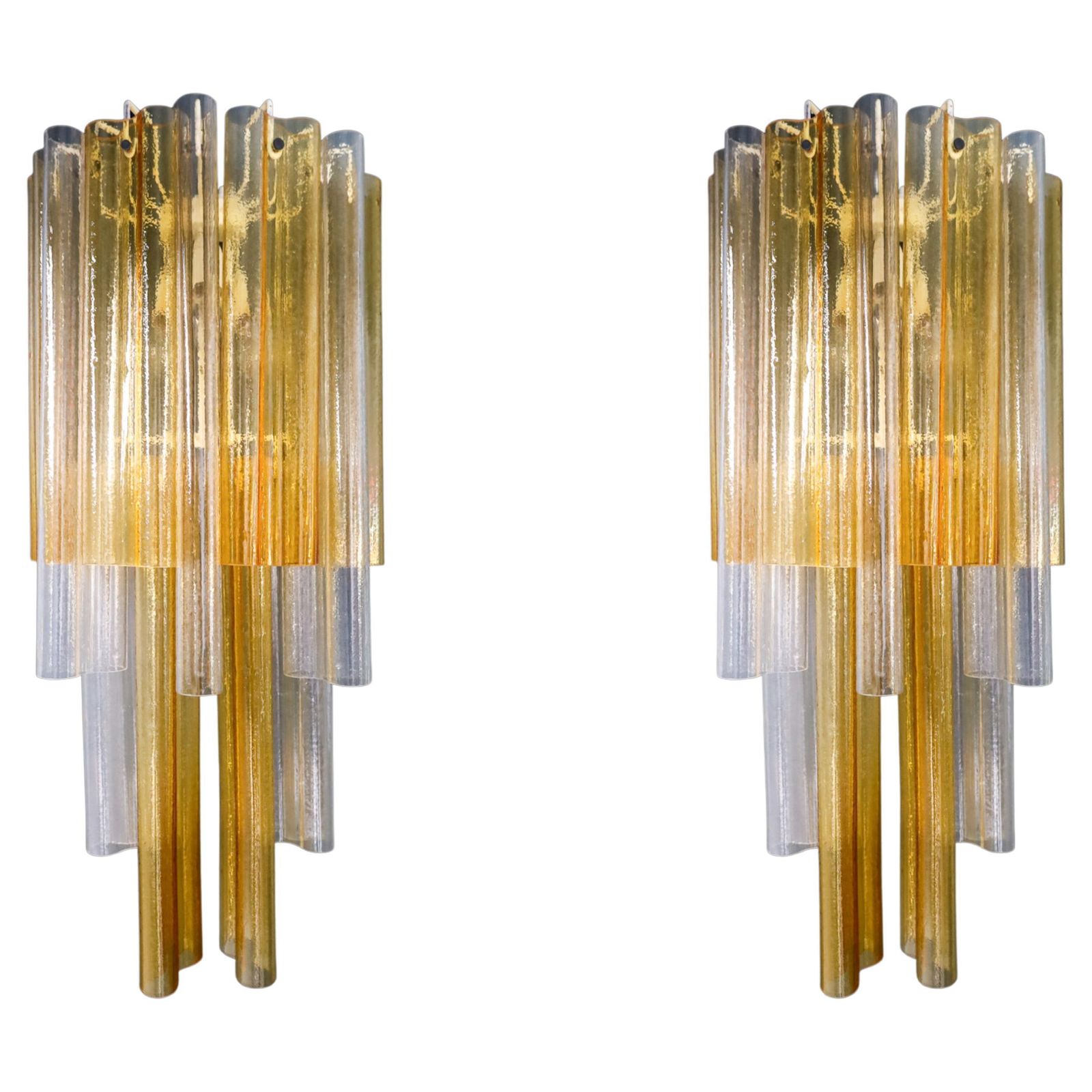 Pair Xxl Venini Wall Chandeliers With Murano Amber And Ice Glass, Italy 1960
