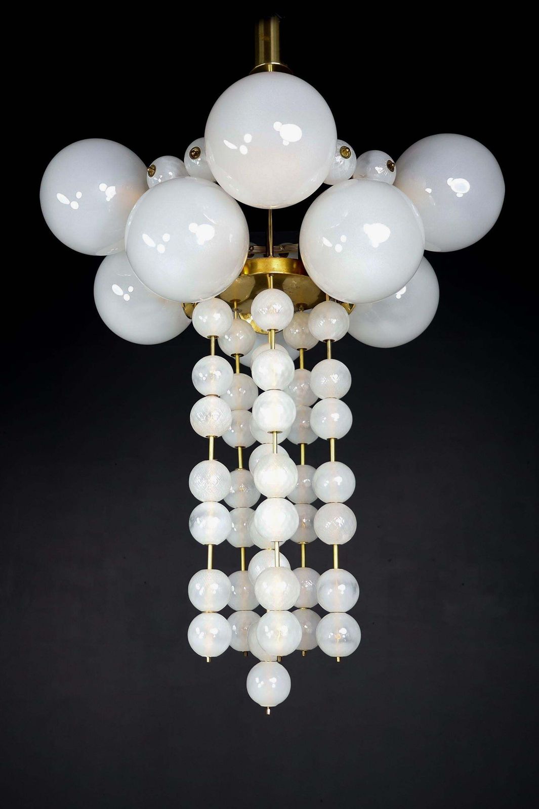 Pair Of Two Grand Bohemian Chandeliers With Brass Fixtures And Hand Blowed Frost photo vinterior