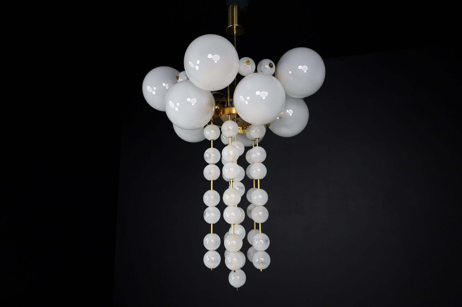Pair Of Two Grand Bohemian Chandeliers With Brass Fixtures And Hand Blowed Frost photo vintage