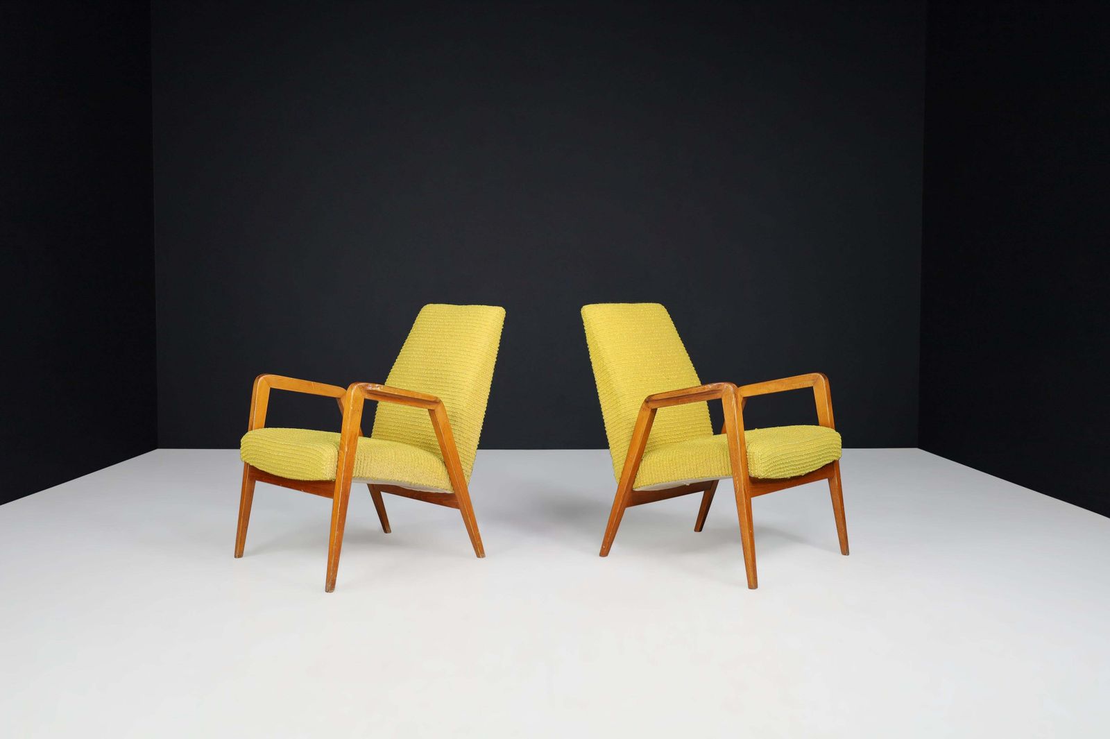 Mid Century Modern Lounge Chairs In Original Lemon Upholstery, Praque 1950s photo furniture