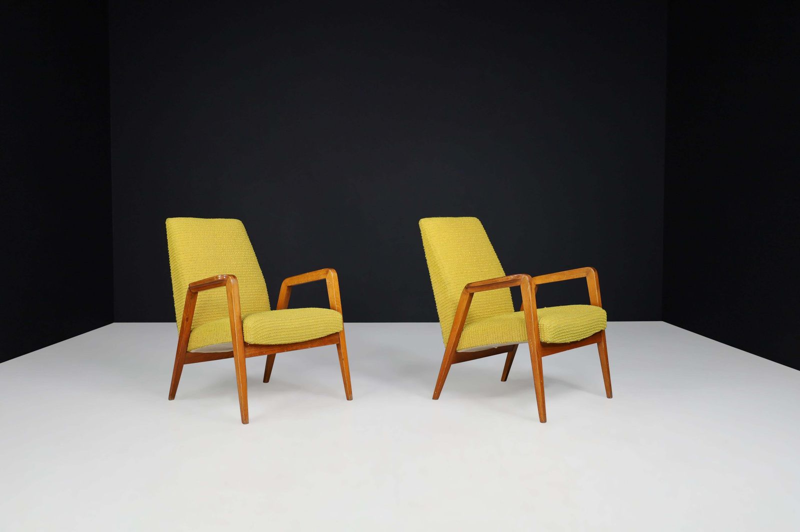 Mid Century Modern Lounge Chairs In Original Lemon Upholstery, Praque 1950s photo for sale