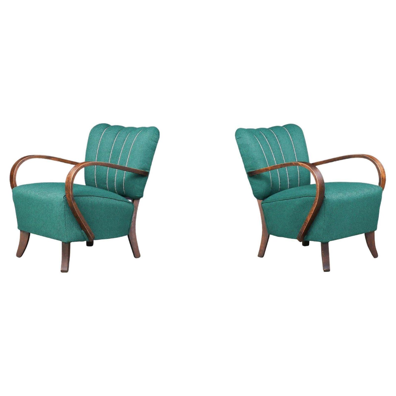 Jindrich Halabala Re Upholstered Patinated Bentwood Lounge Chairs From The 1930s