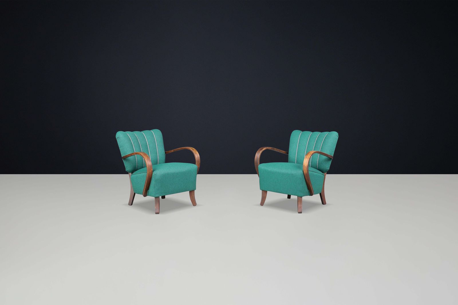 Jindrich Halabala Re Upholstered Patinated Bentwood Lounge Chairs From The 1930s photo for sale