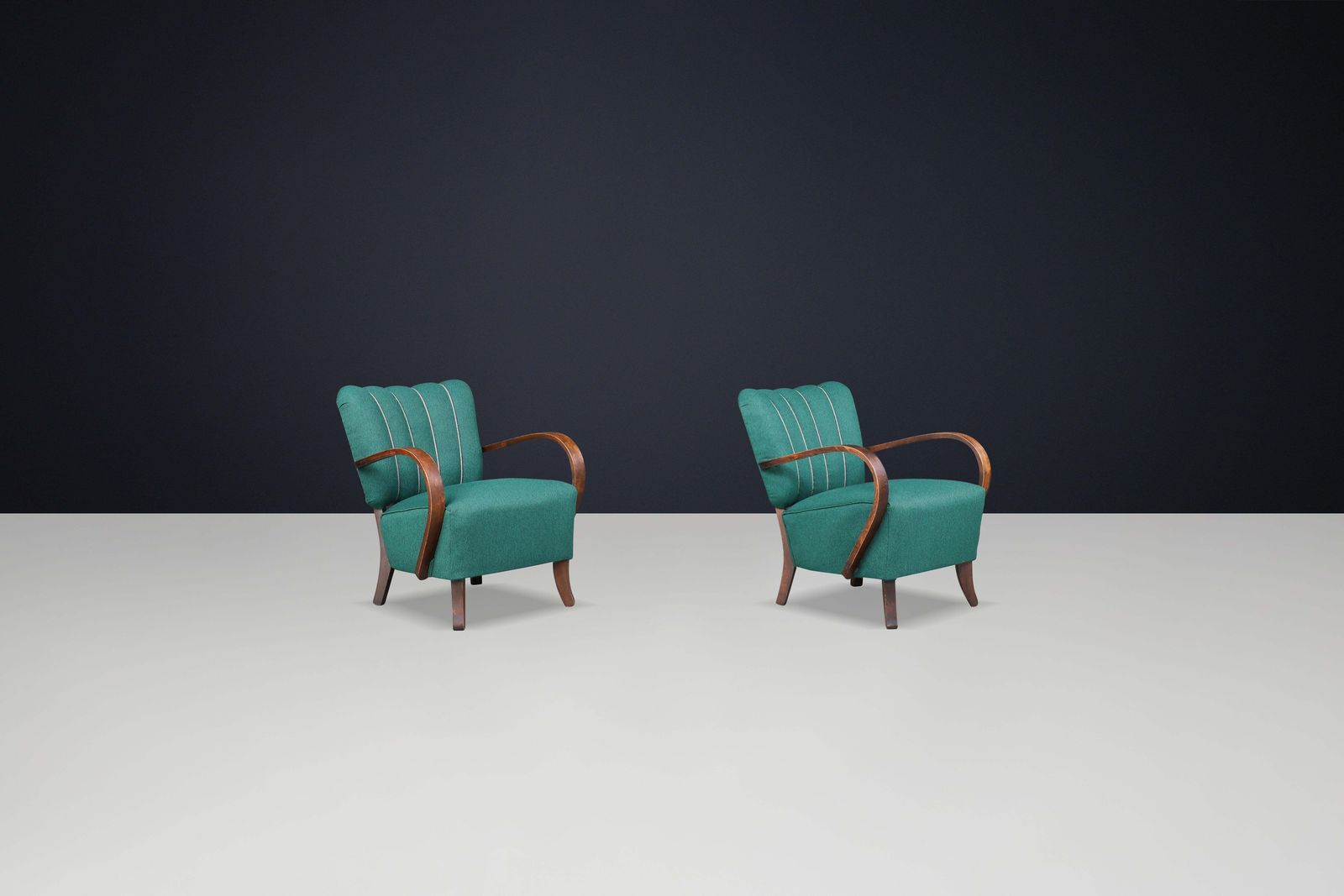 Jindrich Halabala Re Upholstered Patinated Bentwood Lounge Chairs From The 1930s photo vinterior