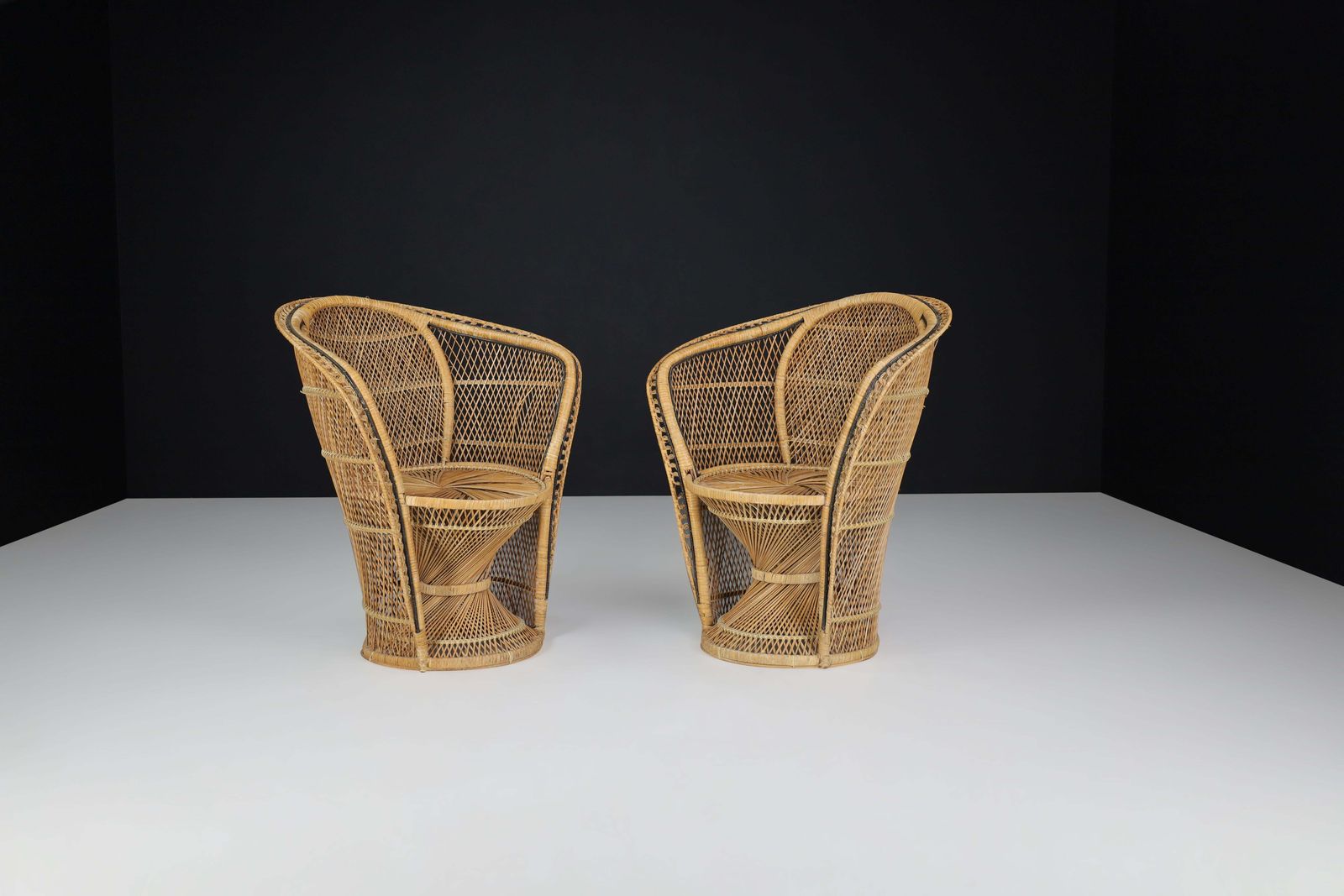 Pair Of Bohemian Wicker Emmanuelle Peacock Chairs, France, 1950s photo vintage