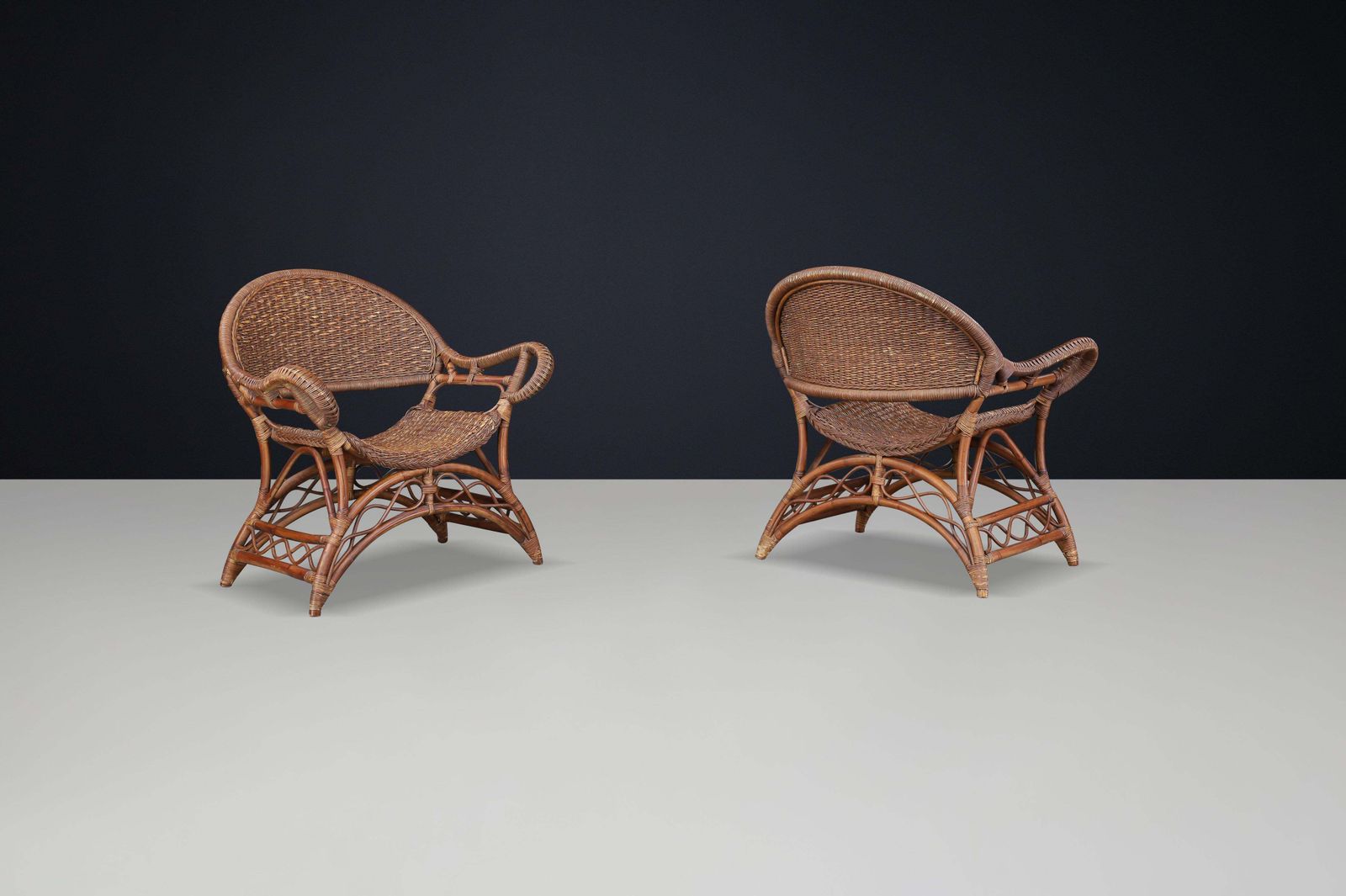 Set Of Two Sculptural Rattan And Bamboo Lounge Chairs, Spain, 1960s photo for sale