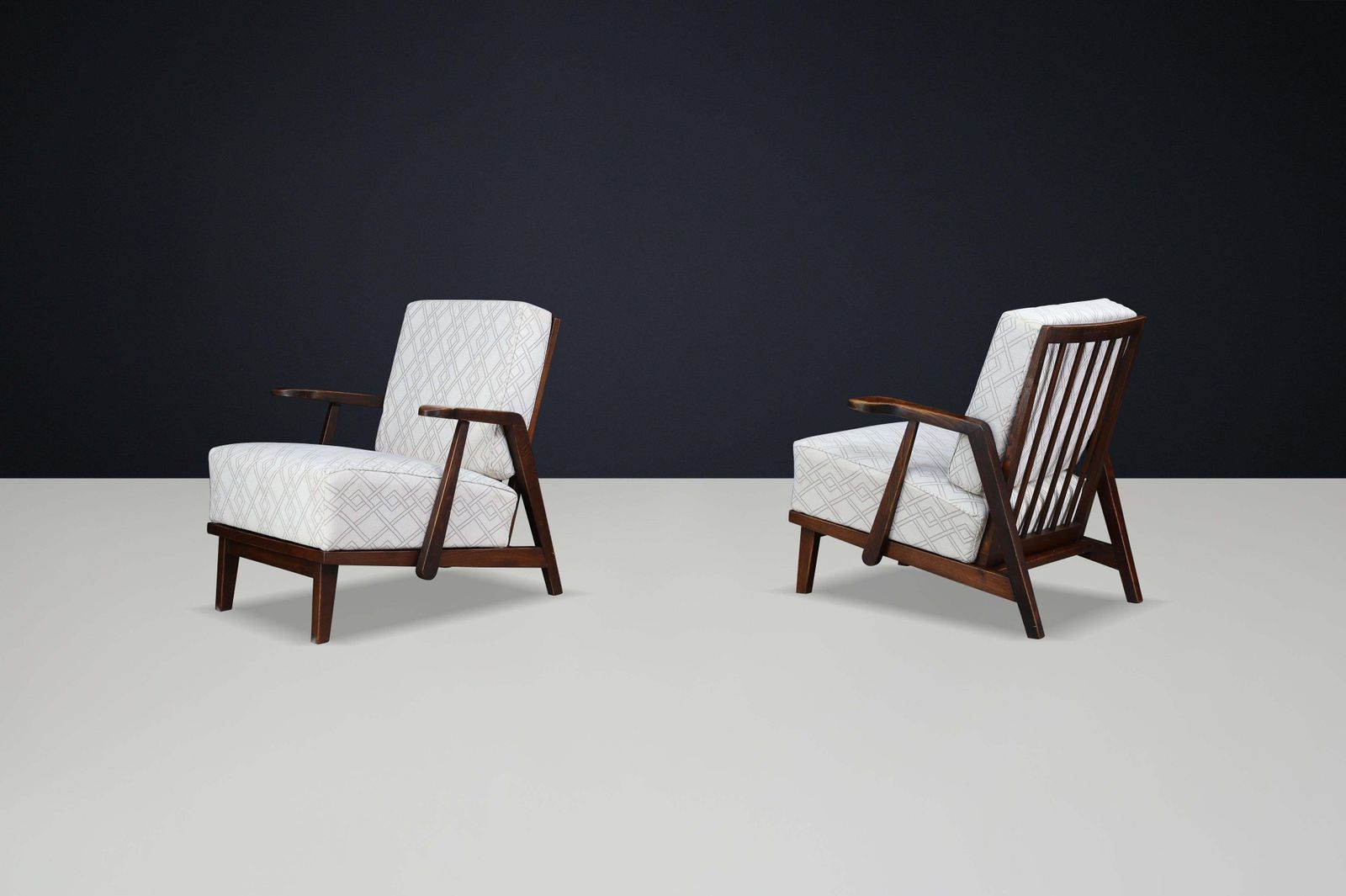 Sculptural 1950s Czech Oak Lounge Chairs – Mid Century Modern, Newly Upholstered photo 4936.0