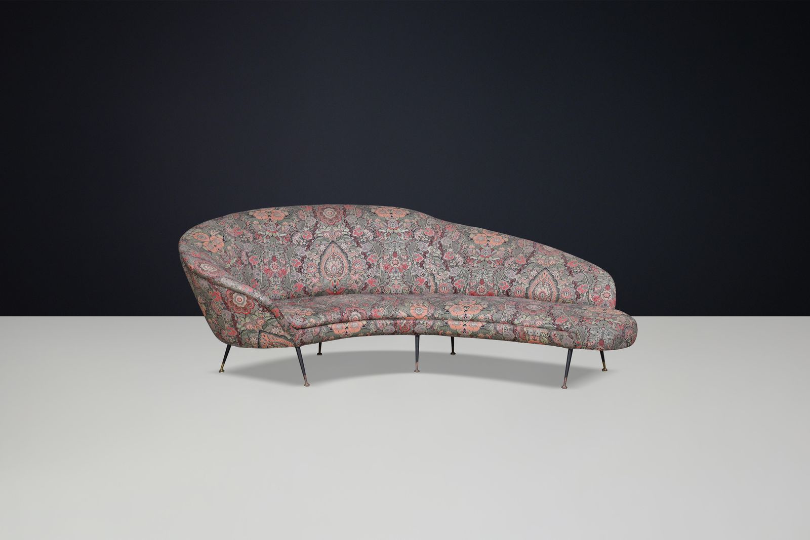 Federico Munari Curved Sofa In Original Floral Upholstery With Brass Feet, Italy photo furniture