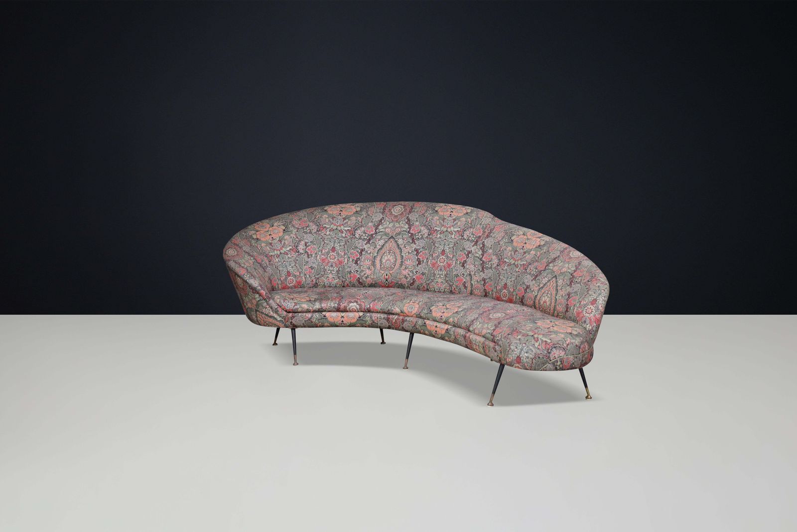 Federico Munari Curved Sofa In Original Floral Upholstery With Brass Feet, Italy photo for sale