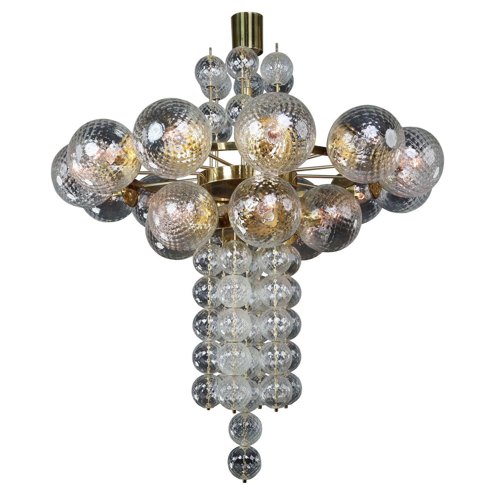 Large Chandelier With Brass Fixture And Hand Blowed Glass Globes By Preciosa Cz.