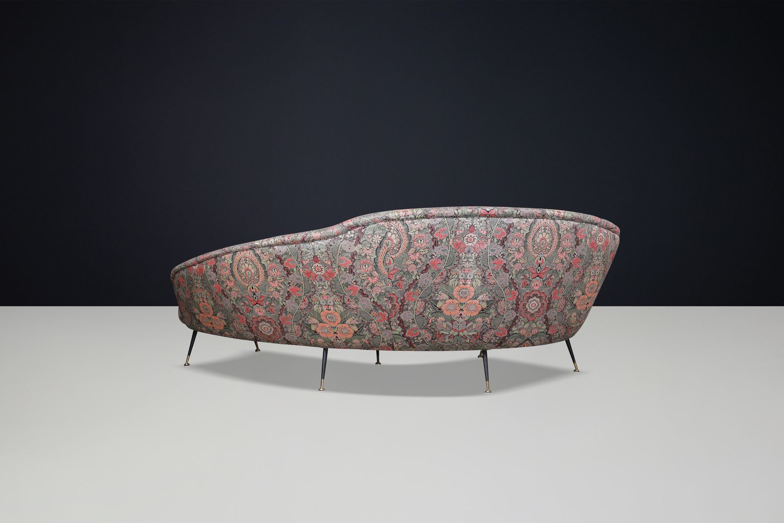 5820.0 Federico Munari Curved Sofa In Original Floral Upholstery With Brass Feet, Italy photo
