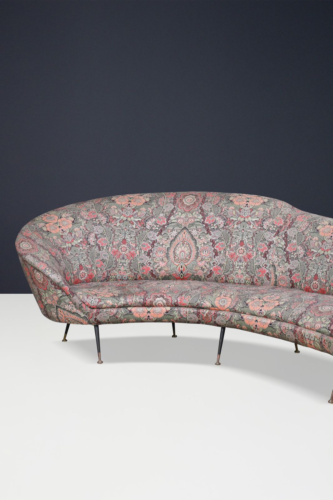 photo buy Federico Munari Curved Sofa In Original Floral Upholstery With Brass Feet, Italy