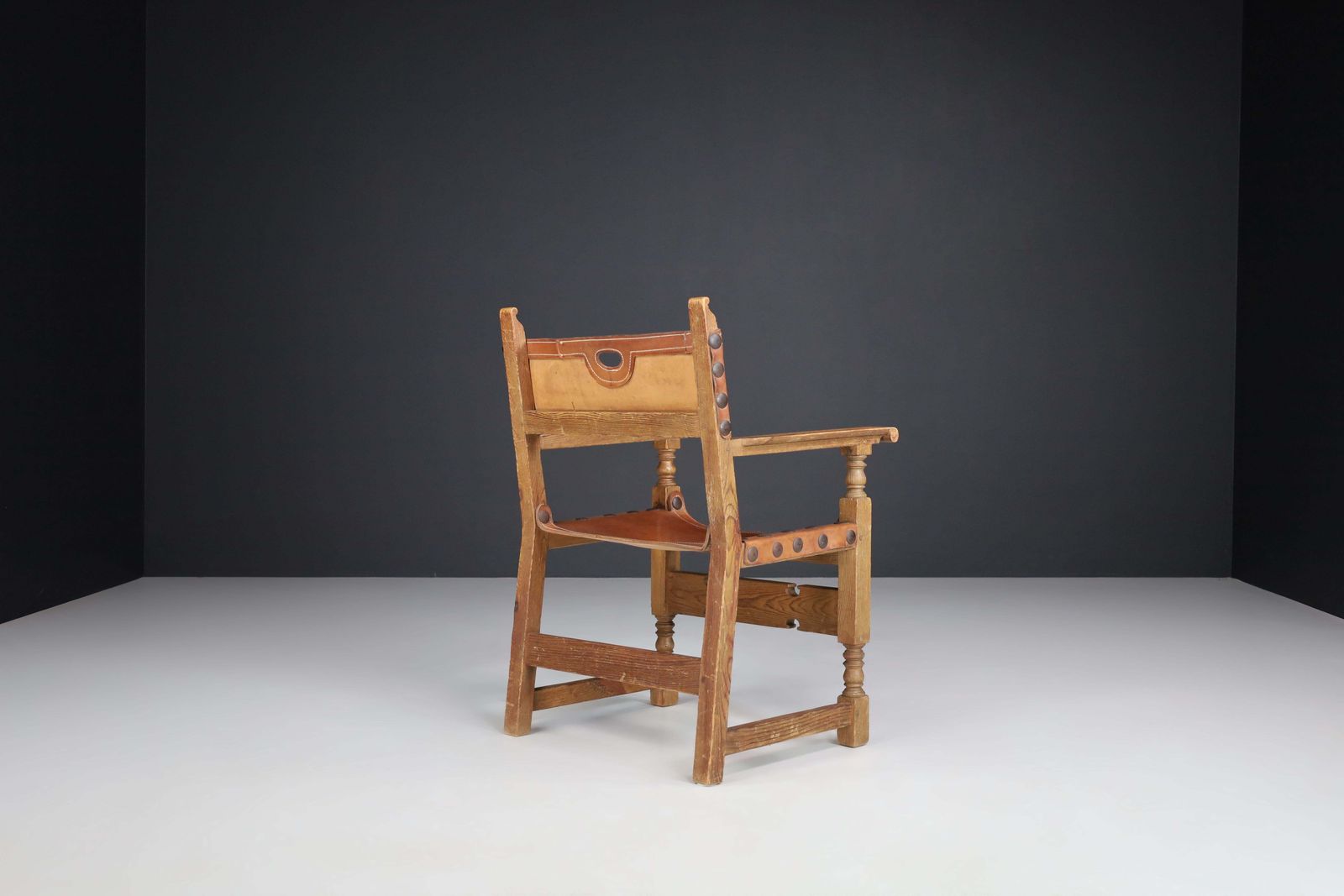 Pine And Saddle Leather Arm Chairs, France, 1940s photo buy