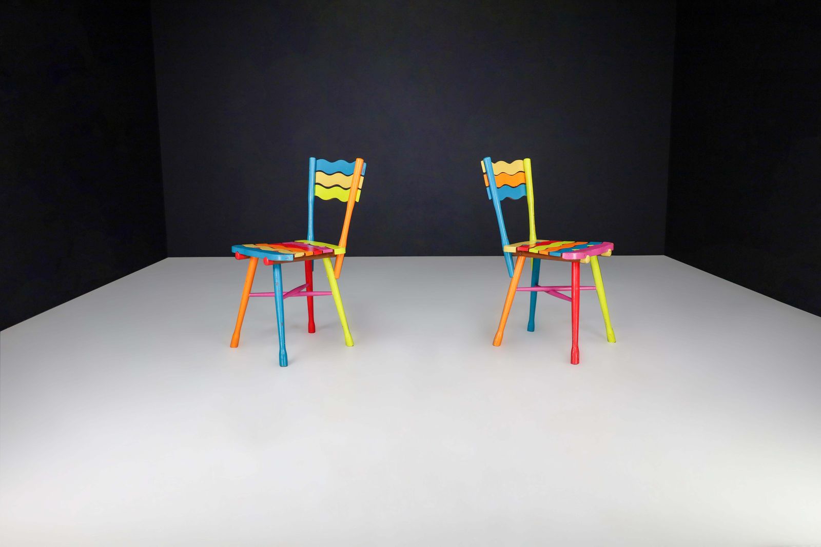 Pair Of Mid Century French Folk Art Painted Beechwood Chairs, France, 1960s photo furniture