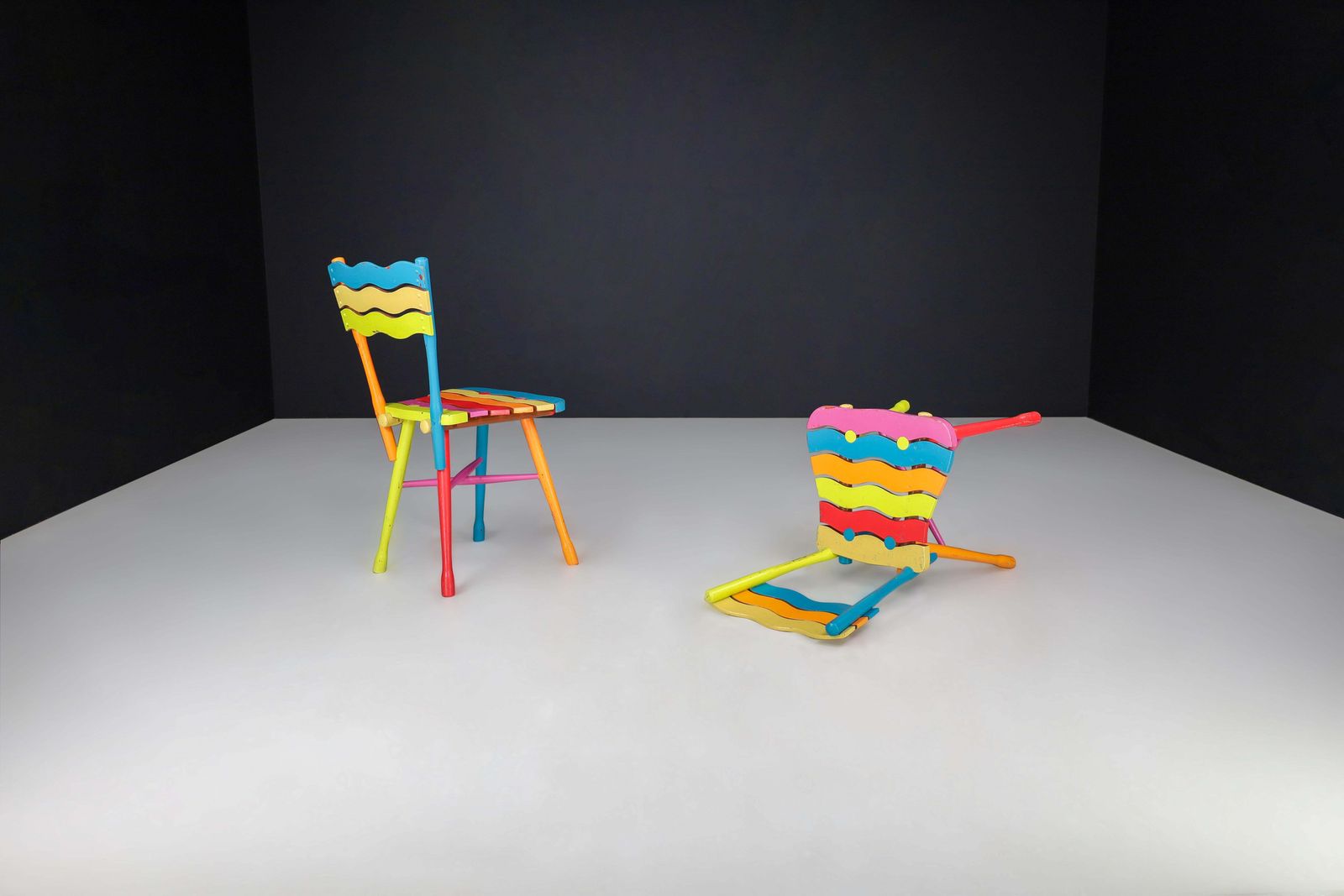 Pair Of Mid Century French Folk Art Painted Beechwood Chairs, France, 1960s photo for sale