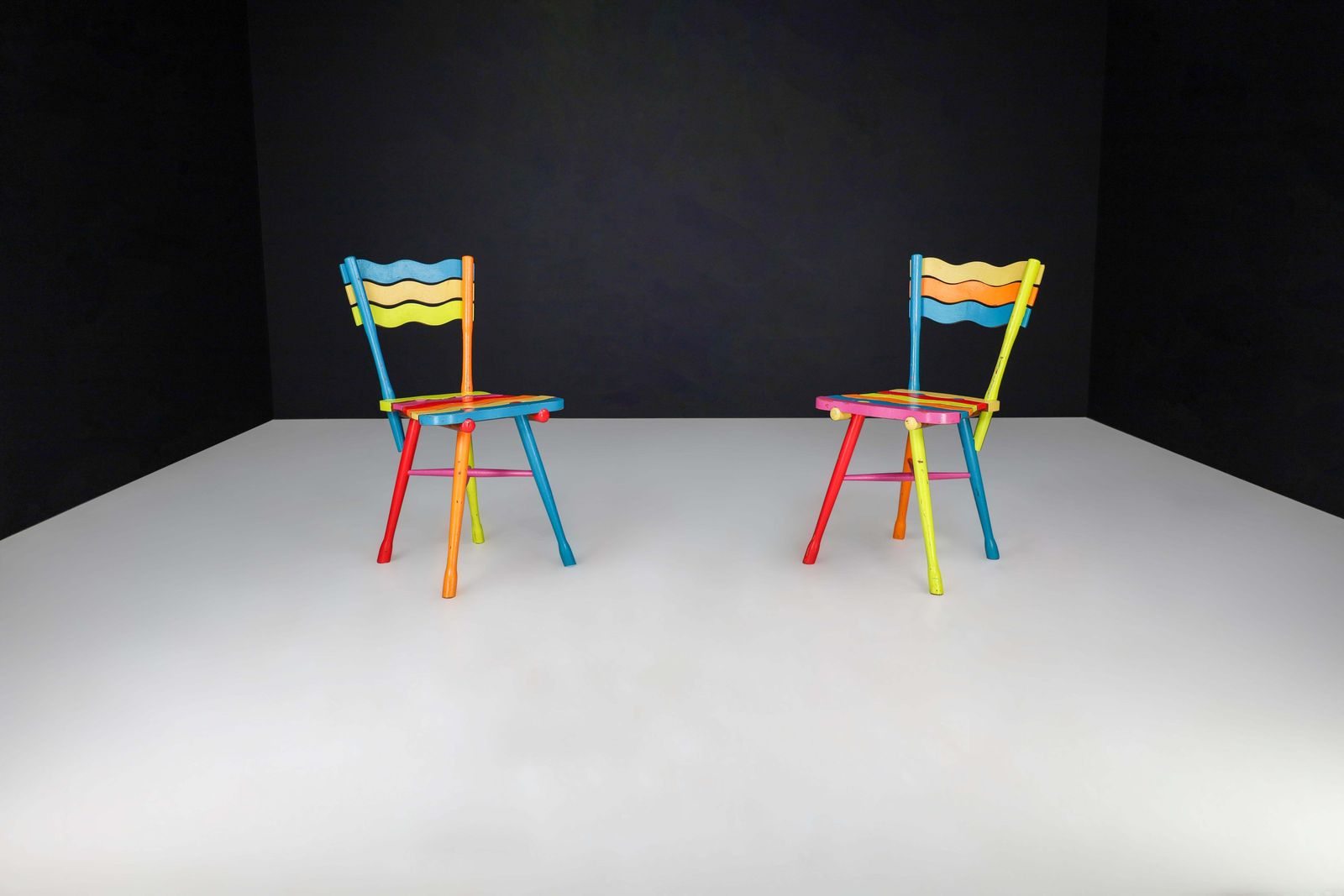 2354.0 Pair Of Mid Century French Folk Art Painted Beechwood Chairs, France, 1960s photo