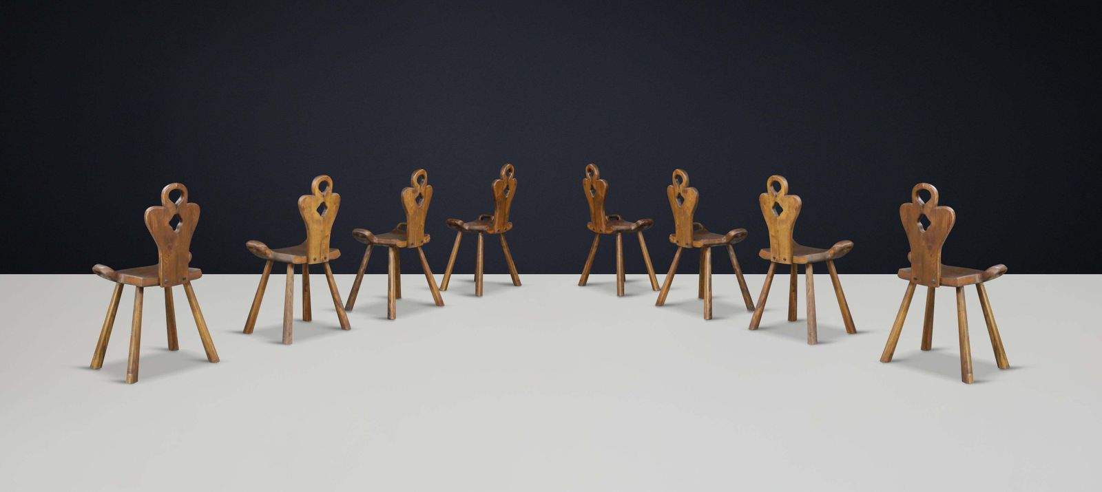 photo furniture Set Of 8 Sculptural French Alpine Chairs In Solid Oak, France, 1950s