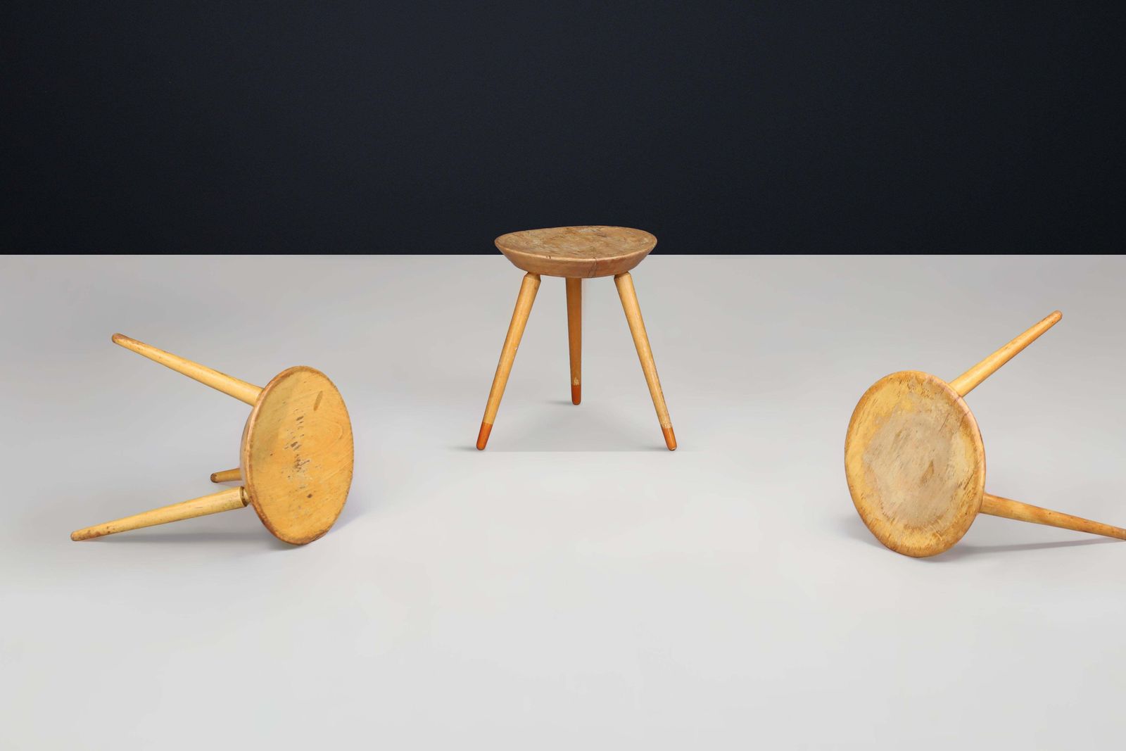 Set Of Three Rustic Mid Century Tripod Stools In Solid Wood, France, 1950s photo for sale