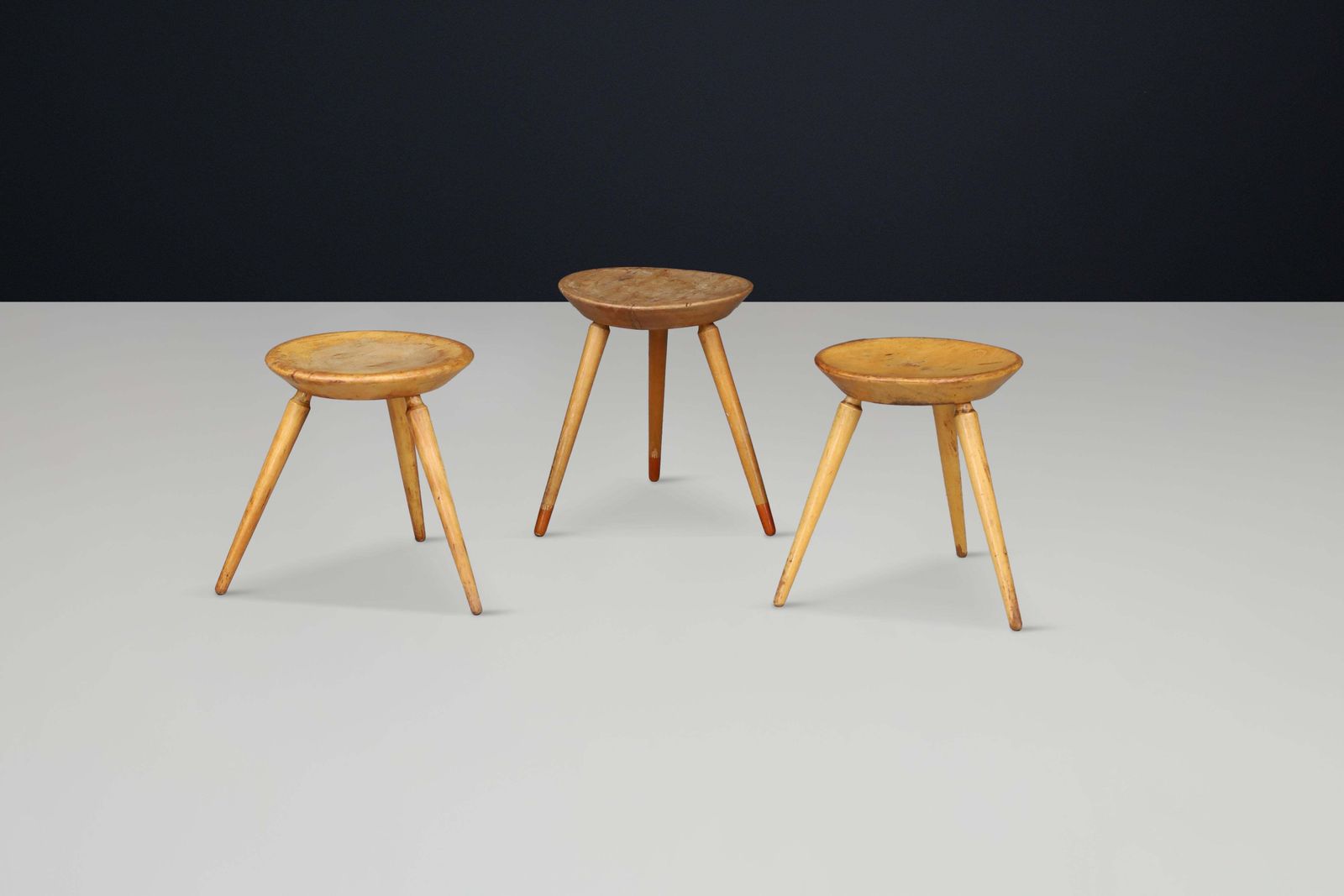 Set Of Three Rustic Mid Century Tripod Stools In Solid Wood, France, 1950s photo Furniture