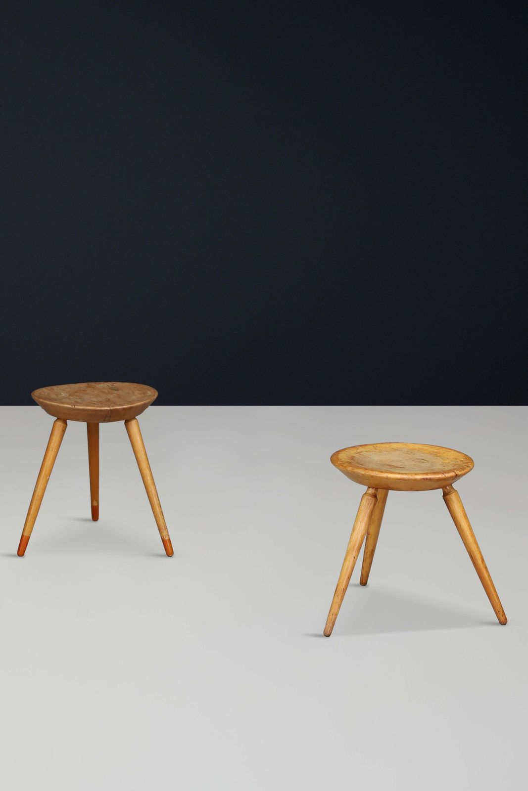 Set Of Three Rustic Mid Century Tripod Stools In Solid Wood, France, 1950s photo 637.0