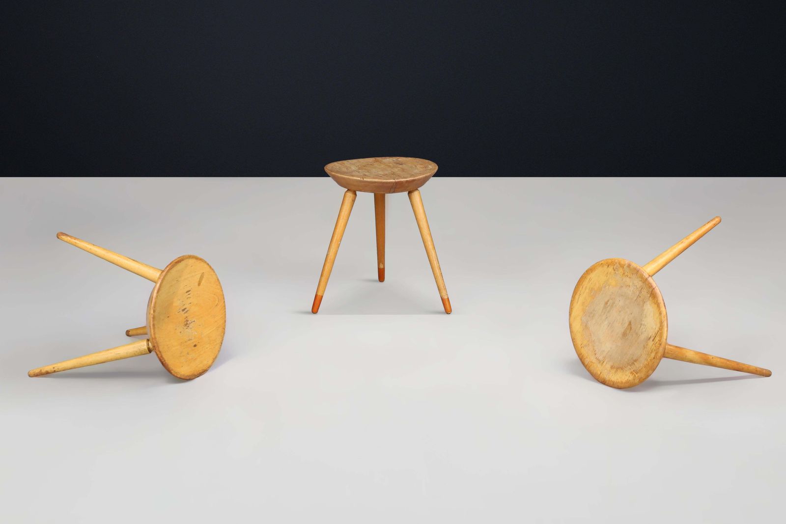 Set Of Three Rustic Mid Century Tripod Stools In Solid Wood, France, 1950s photo buy