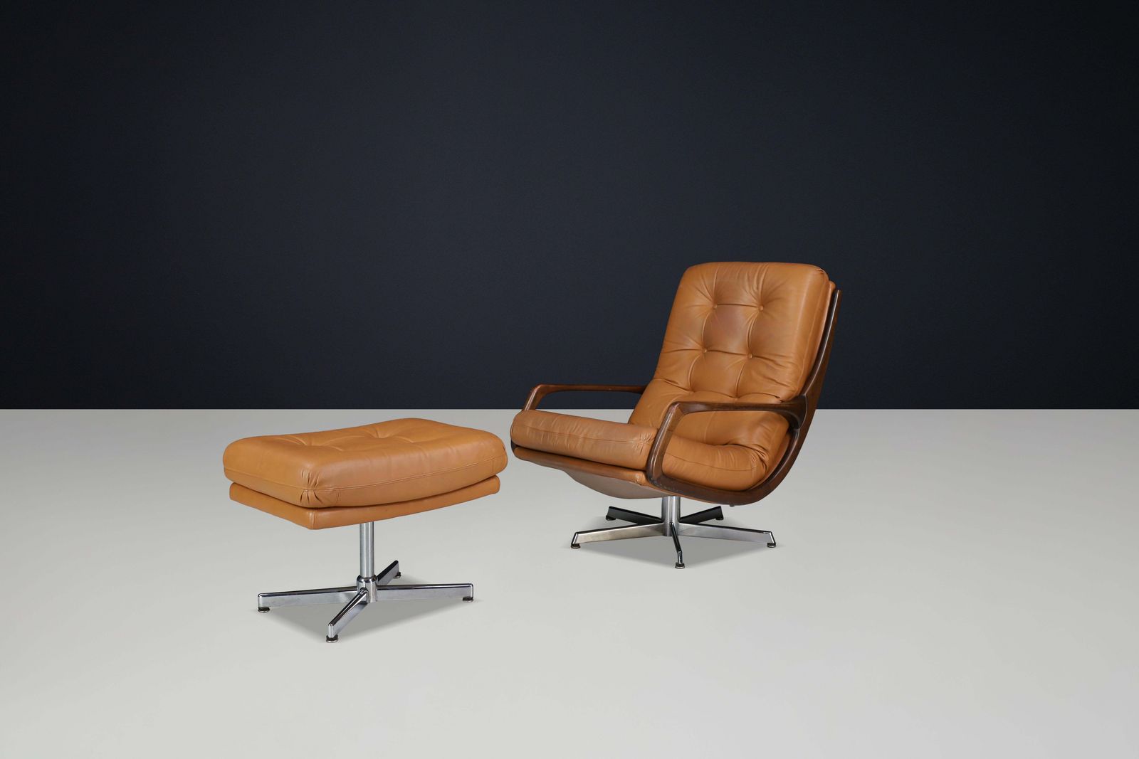 Eugen Schmidt Swivel Lounge Chair And Ottoman In Cognac Leather, Germany, 1970s photo 3492.0