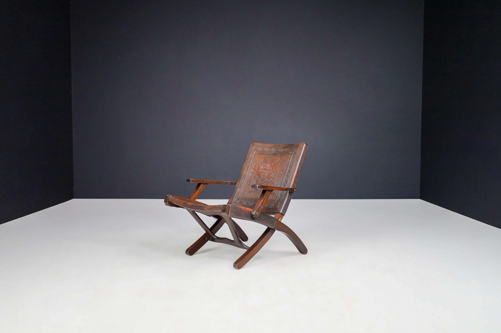 photo for sale Angel I. Pazmino Cognac Colored Saddle Leather Arm Chairs Ecuador 1970s