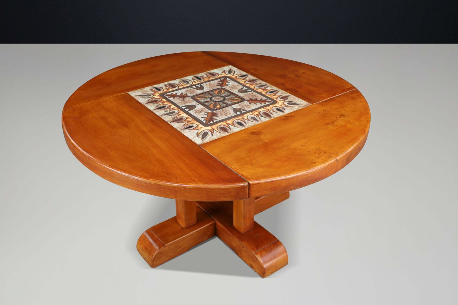Mid Century French Elm And Ceramic Dining Table By A. Picard, 1970s photo vintage