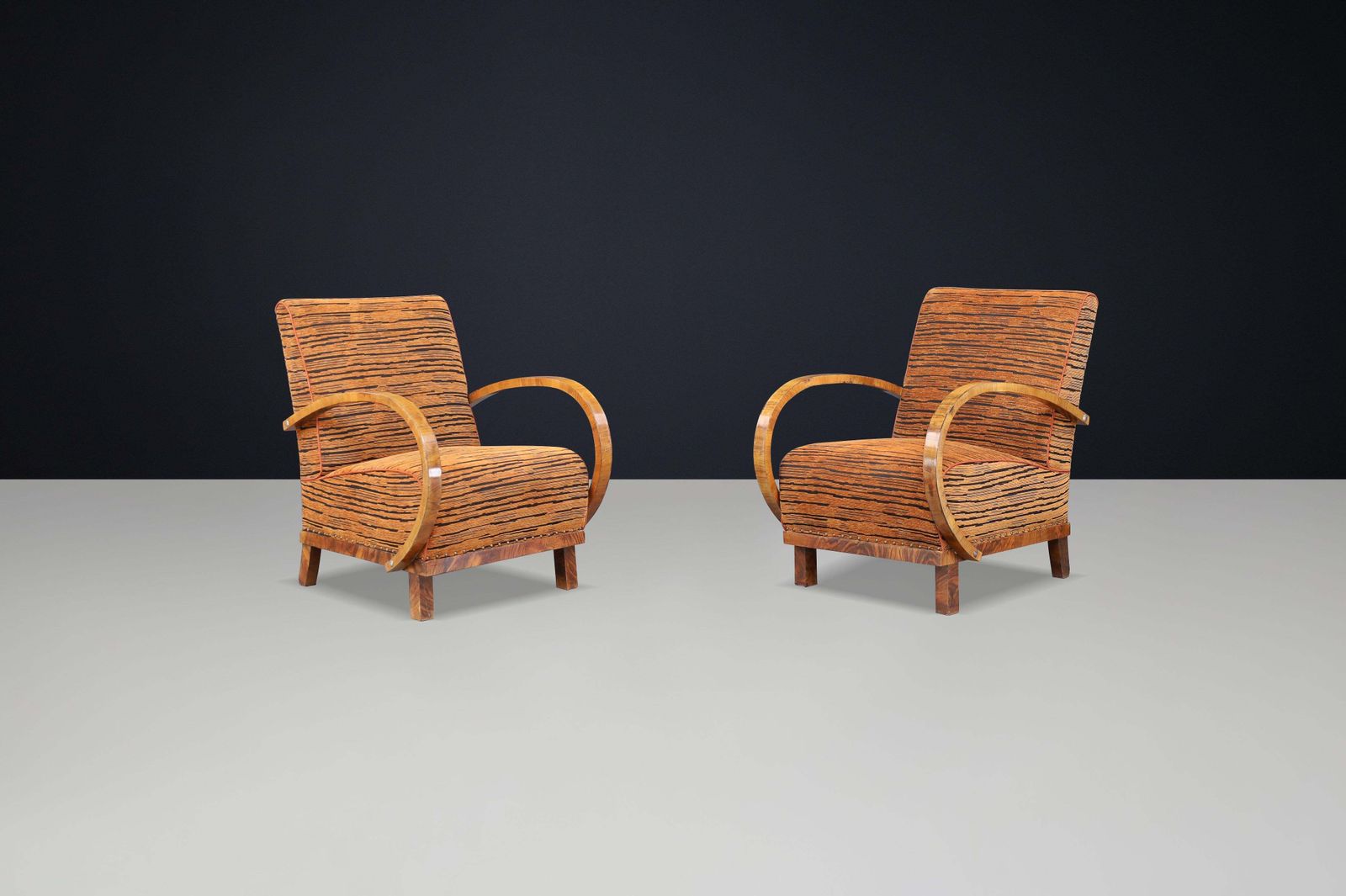 Striking Pair Of Austrian Art Deco Lounge Chairs In Walnut With New Tiger Fabric photo furniture