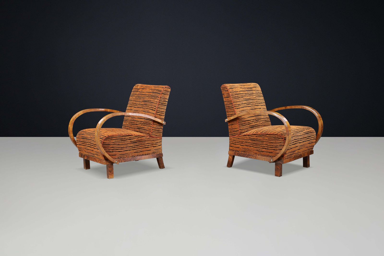 Striking Pair Of Austrian Art Deco Lounge Chairs In Walnut With New Tiger Fabric photo 7427.0