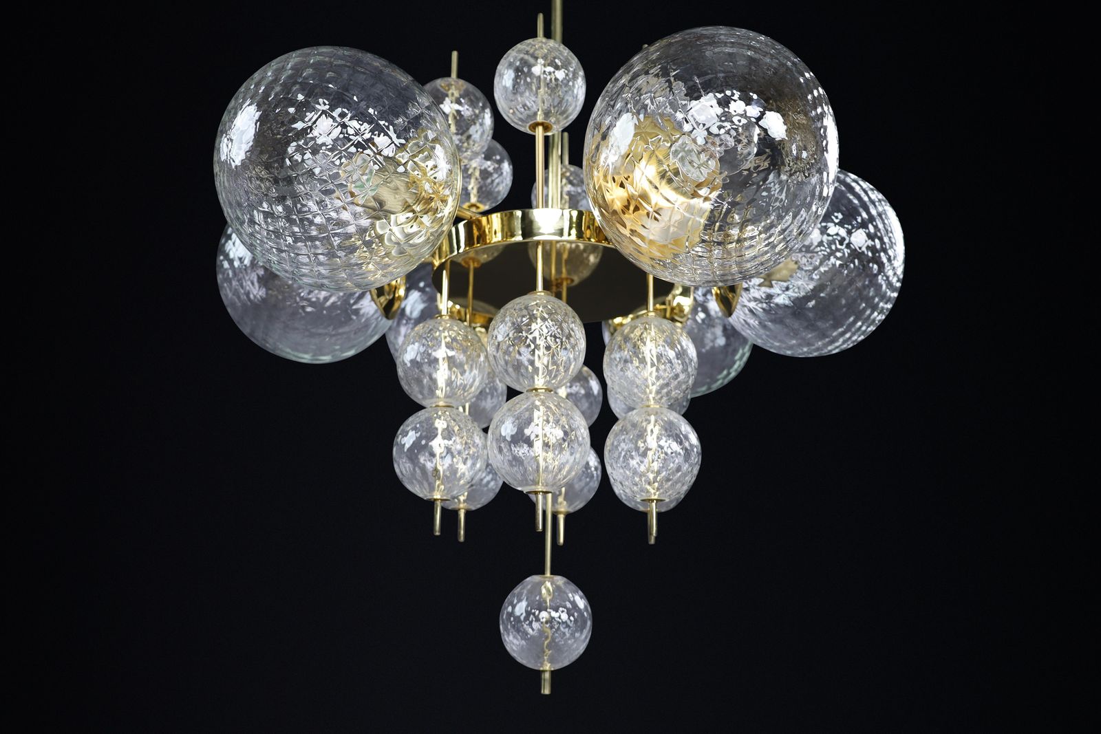 Mid Century Chandelier With Brass Fixture & Structured Glass Globes By Preciosa photo vinterior