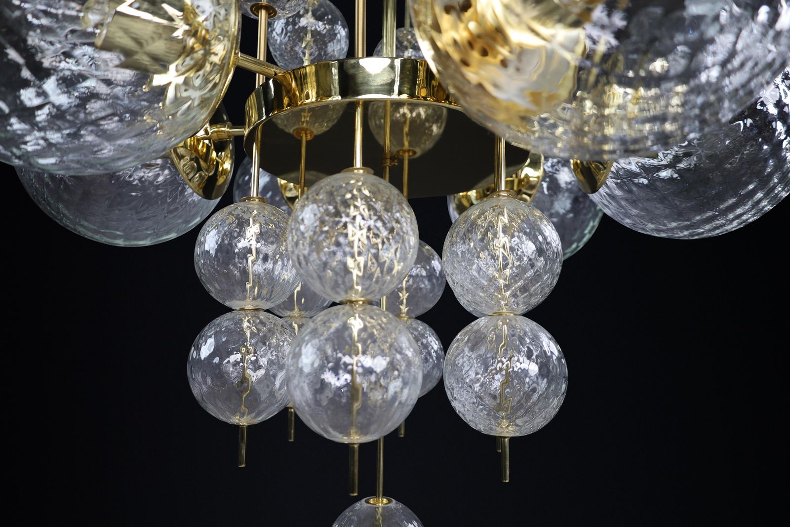 photo for sale Mid Century Chandelier With Brass Fixture & Structured Glass Globes By Preciosa
