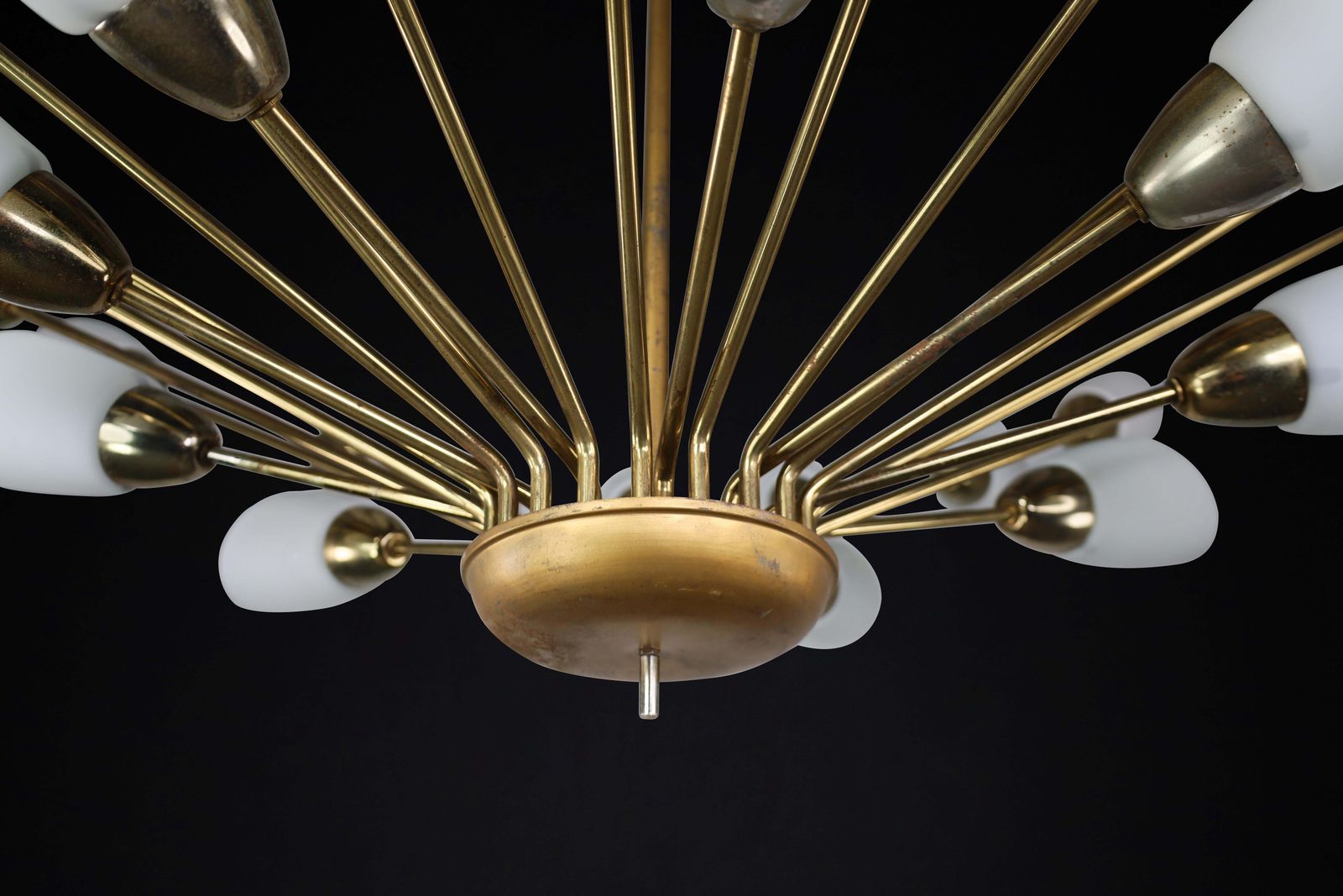 photo for sale Large Midcentury Spider Form Sputnik Chandelier In Brass And  30 Opaline Shades