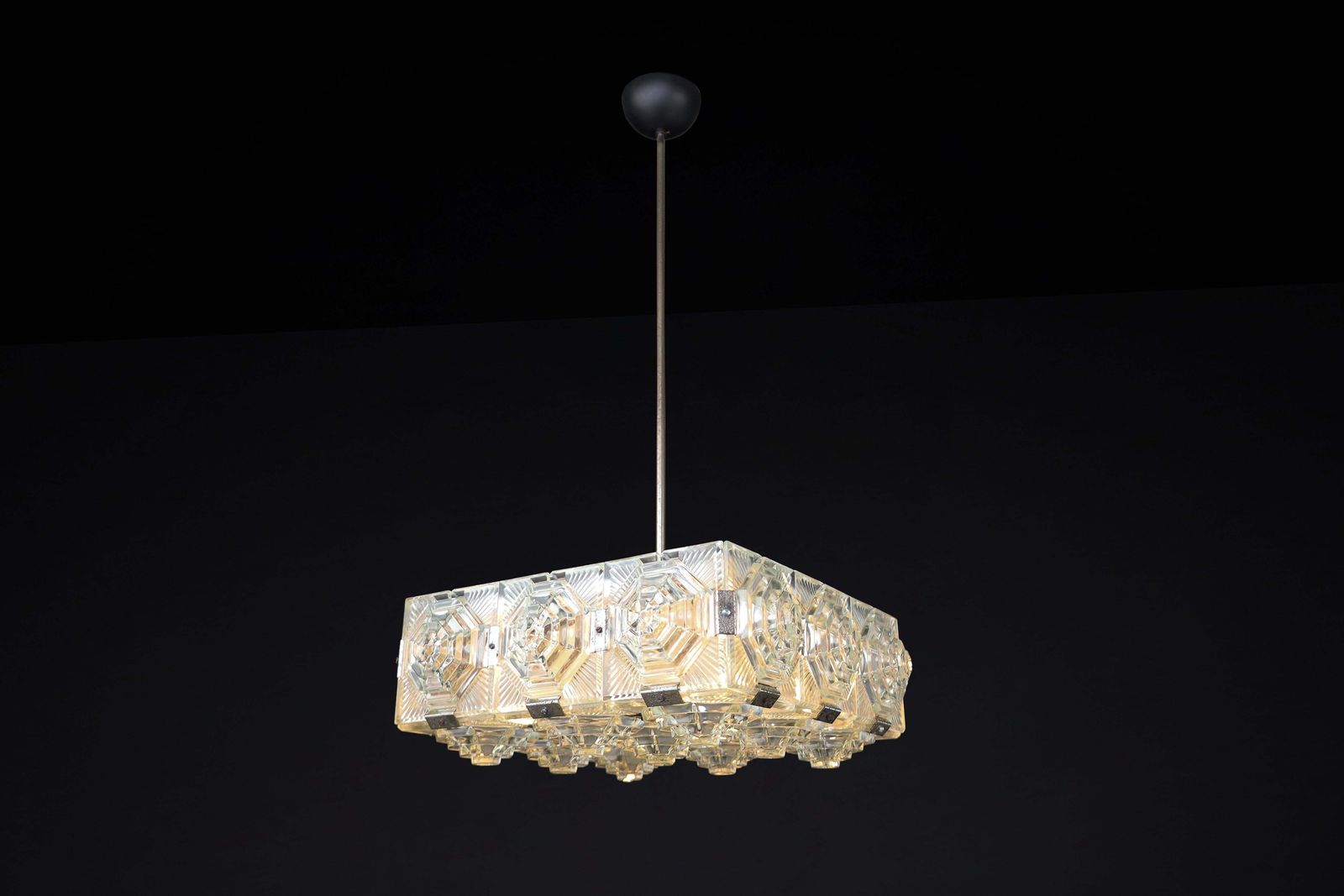 Bohemian Mid Century Modern Glass & Chrome Chandelier, Czechoslovakia, 1970s photo 1444.0