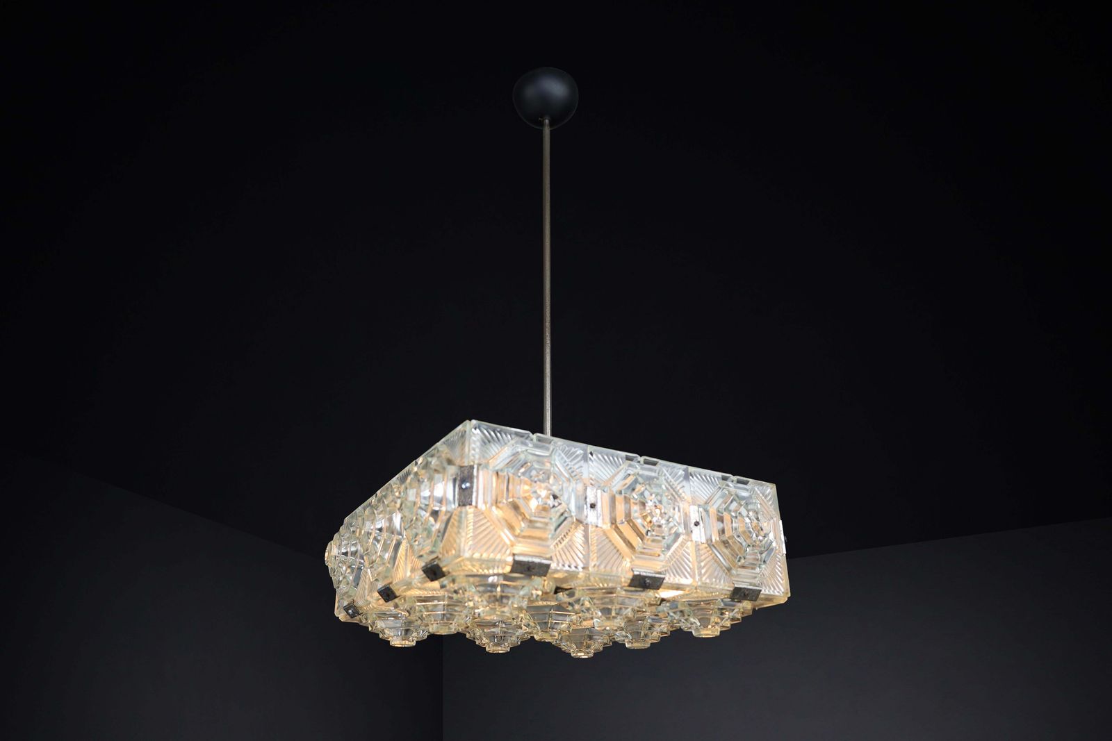 Bohemian Mid Century Modern Glass & Chrome Chandelier, Czechoslovakia, 1970s photo vinterior