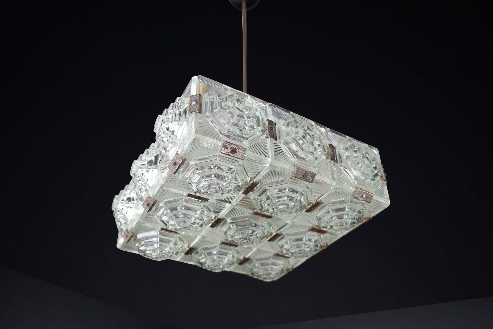 Bohemian Mid Century Modern Glass & Chrome Chandelier, Czechoslovakia, 1970s photo vintage