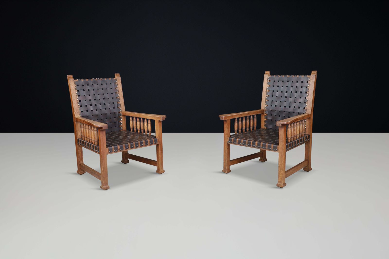 A Pair Of Leather And Oak Armchairs From France, 1950s. photo furniture