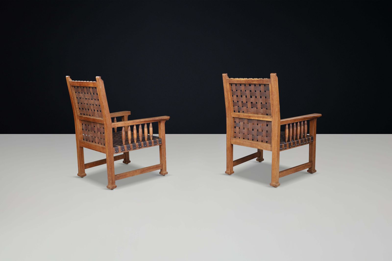 A Pair Of Leather And Oak Armchairs From France, 1950s. photo Furniture