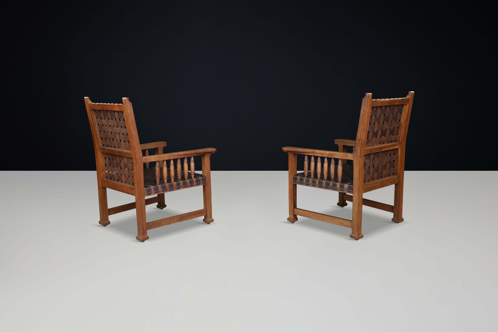 A Pair Of Leather And Oak Armchairs From France, 1950s. photo vinterior