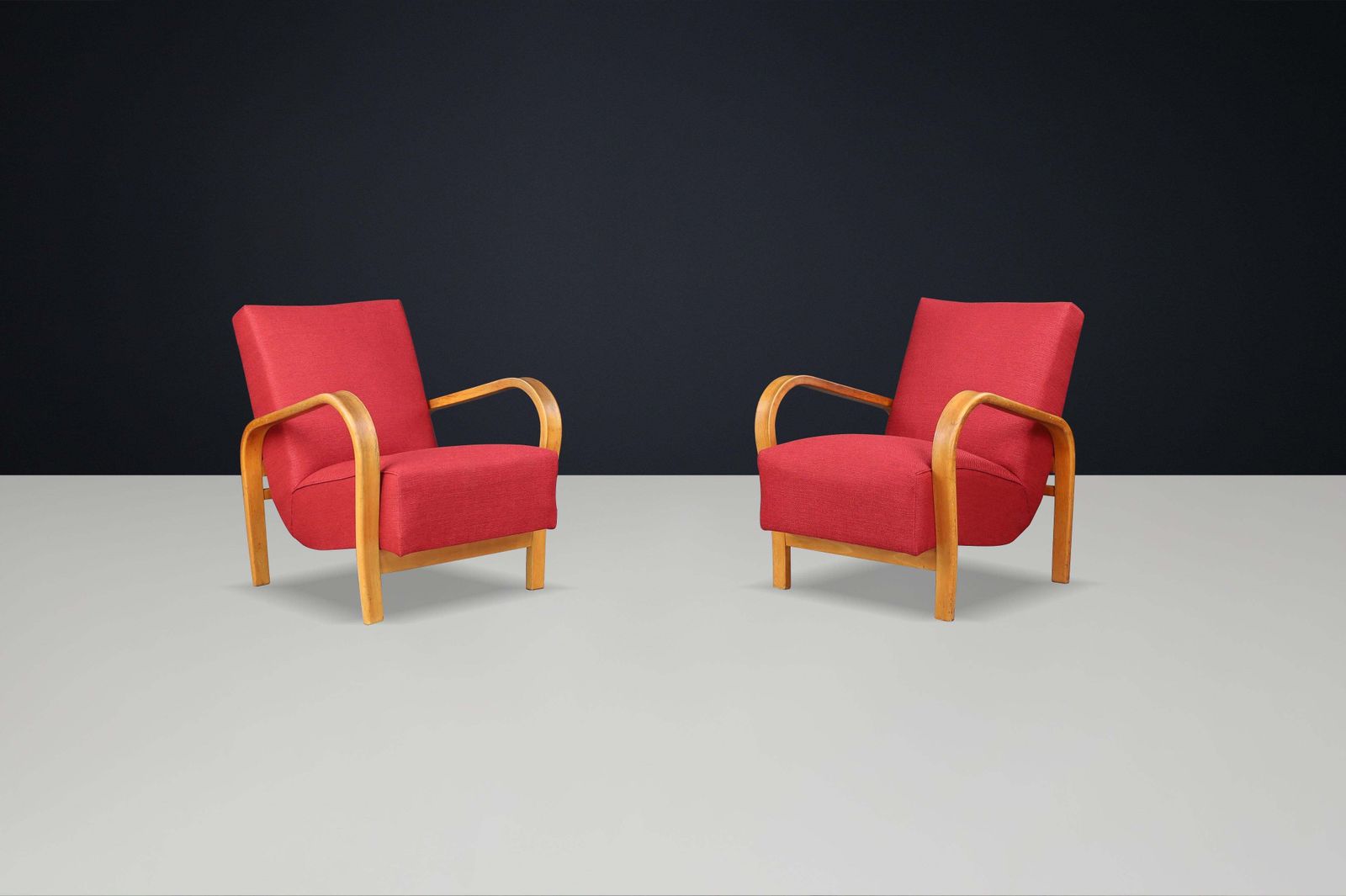 Pair Of Re Upholstered Bentwood Armchairs By Karel Koželka & Antonín Kropáček photo for sale