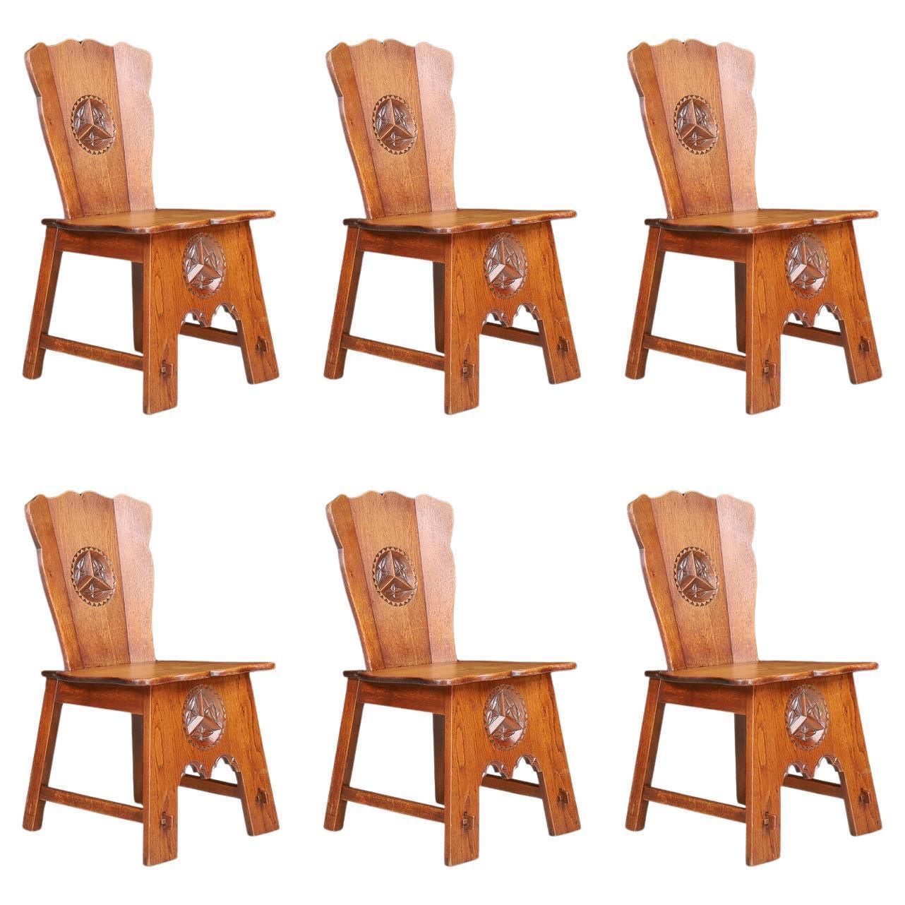 Set Of Six Rural Oak Dining Chairs, Spain, 1950s
