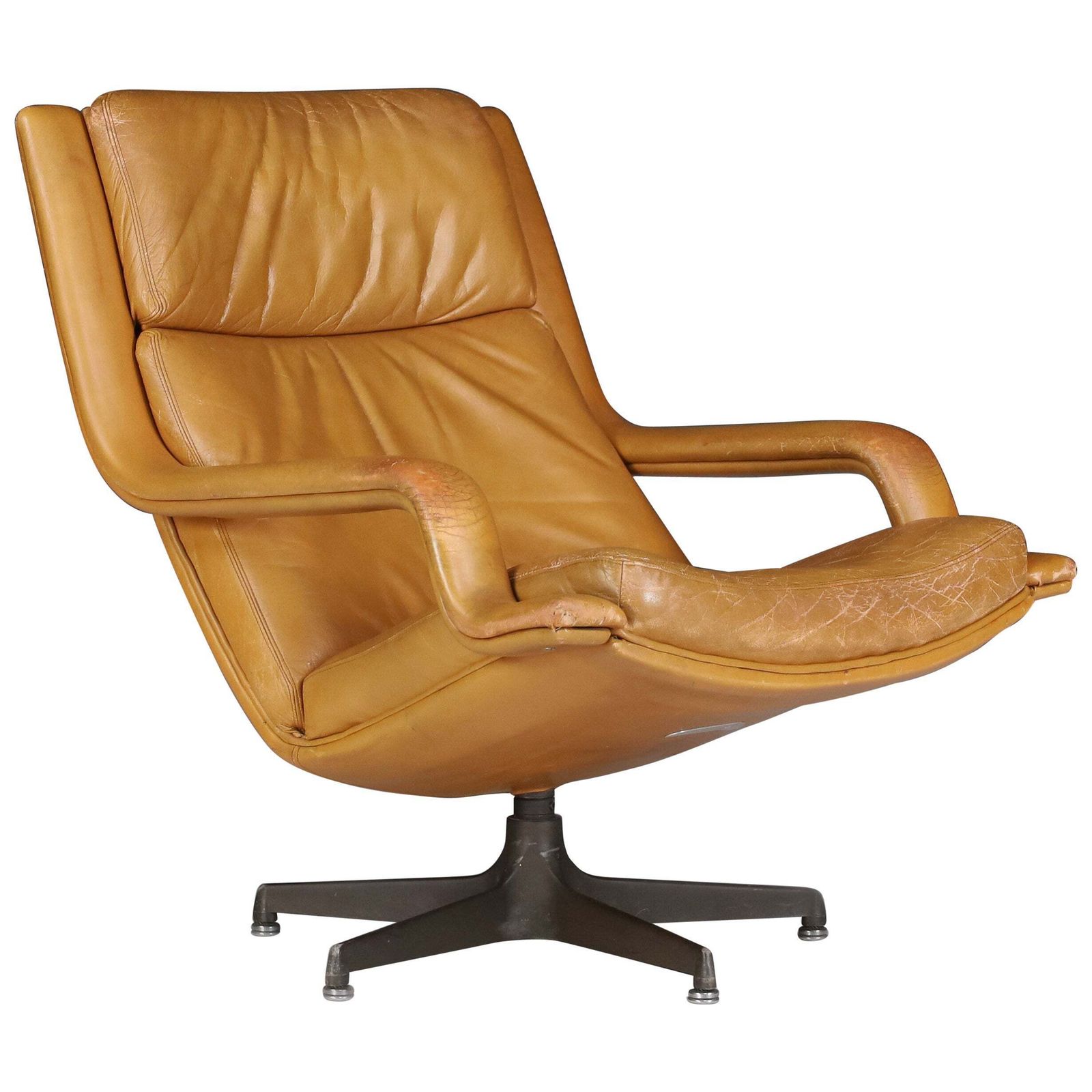 Geoffrey Harcourt Patinated Cognac Leather Swivel Lounge Chair, The Netherlands