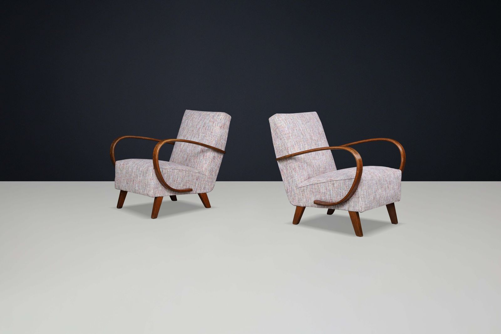 Jindrich Halabala Re Upholstered Patinated Bentwood Lounge Chairs, 1940s photo furniture